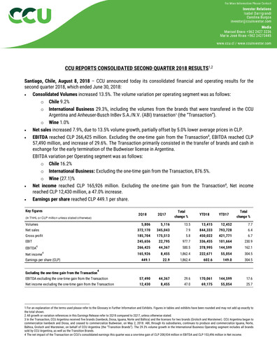 Miniature Compañía Cervecerías Unidas Rapport trimestriel 2018-q2