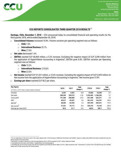 Miniature Compañía Cervecerías Unidas Rapport trimestriel 2018-q3