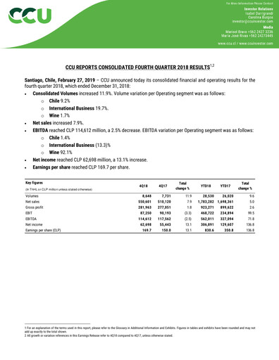 Miniature Compañía Cervecerías Unidas Rapport trimestriel 2018-q4