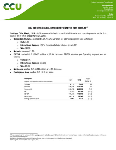 Miniature Compañía Cervecerías Unidas Rapport trimestriel 2019-q1