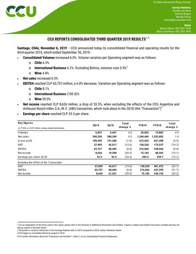 Miniature Compañía Cervecerías Unidas Rapport trimestriel 2019-q3