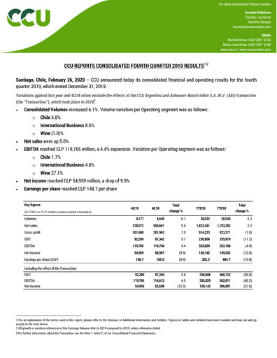 Miniature Compañía Cervecerías Unidas Rapport trimestriel 2019-q4
