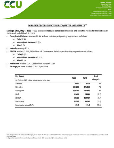 Miniature Compañía Cervecerías Unidas Rapport trimestriel 2020-q1