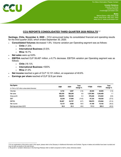 Miniature Compañía Cervecerías Unidas Rapport trimestriel 2020-q3
