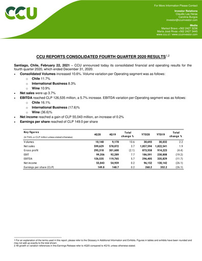 Miniature Compañía Cervecerías Unidas Rapport trimestriel 2020-q4