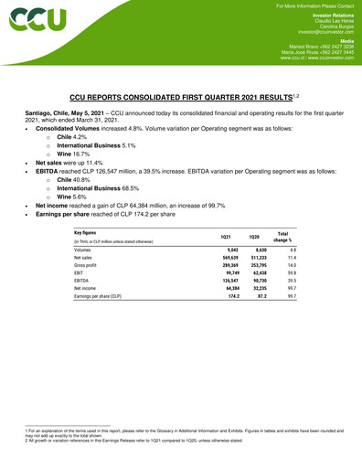 Miniature Compañía Cervecerías Unidas Rapport trimestriel 2021-q1