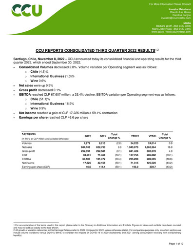Miniature Compañía Cervecerías Unidas Rapport trimestriel 2022-q3