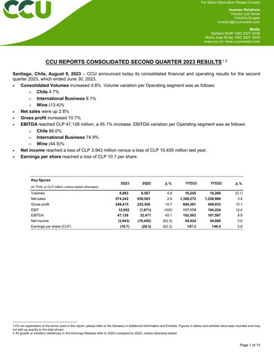 Miniature Compañía Cervecerías Unidas Rapport trimestriel 2023-q2