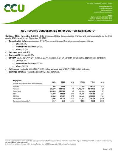 Miniature Compañía Cervecerías Unidas Rapport trimestriel 2023-q3