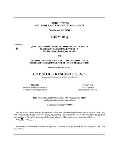 Thumbnail Comstock Resources Quarterly Report 2001-q2