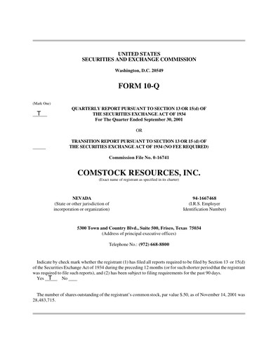 Thumbnail Comstock Resources Quarterly Report 2001-q3