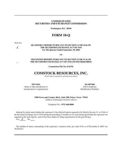 Thumbnail Comstock Resources Quarterly Report 2002-q3