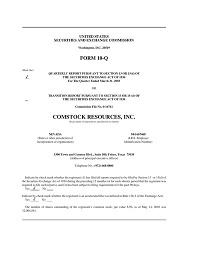 Thumbnail Comstock Resources Quarterly Report 2003-q1