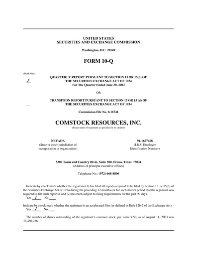 Thumbnail Comstock Resources Quarterly Report 2003-q2