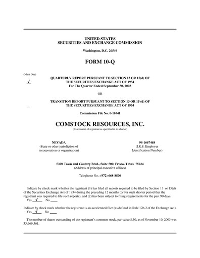 Thumbnail Comstock Resources Quarterly Report 2003-q3