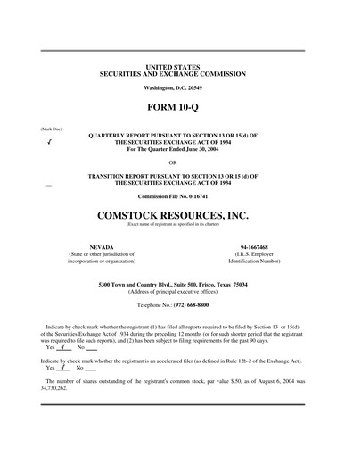 Thumbnail Comstock Resources Quarterly Report 2004-q2