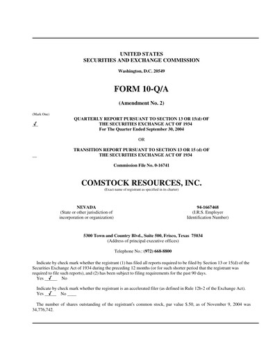 Thumbnail Comstock Resources Quarterly Report 2004-q3