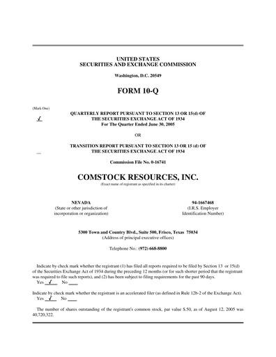 Thumbnail Comstock Resources Quarterly Report 2005-q2