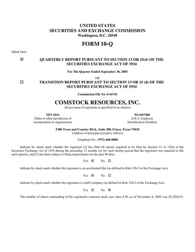 Thumbnail Comstock Resources Quarterly Report 2005-q3