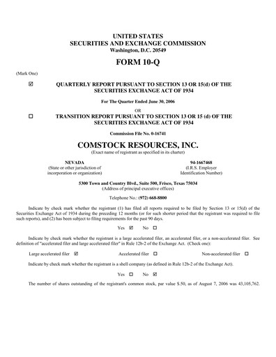 Thumbnail Comstock Resources Quarterly Report 2006-q2