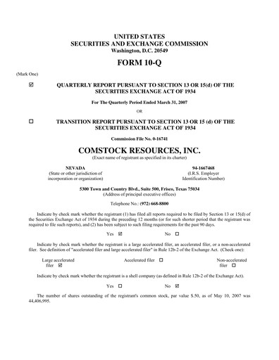 Thumbnail Comstock Resources Quarterly Report 2007-q1