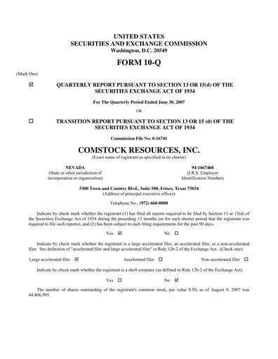 Thumbnail Comstock Resources Quarterly Report 2007-q2