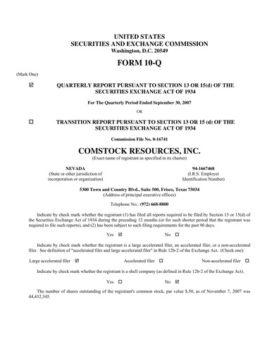 Thumbnail Comstock Resources Quarterly Report 2007-q3