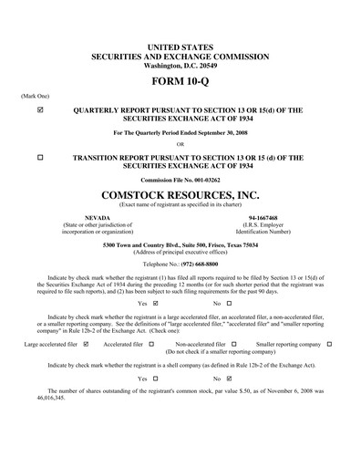 Thumbnail Comstock Resources Quarterly Report 2008-q3