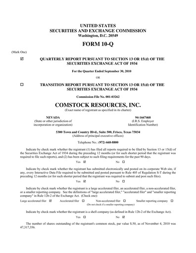 Thumbnail Comstock Resources Quarterly Report 2010-q3