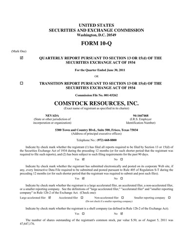 Thumbnail Comstock Resources Quarterly Report 2011-q2