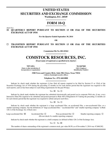 Thumbnail Comstock Resources Quarterly Report 2014-q3