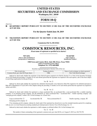 Thumbnail Comstock Resources Quarterly Report 2019-q2