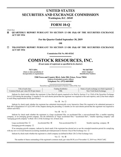 Thumbnail Comstock Resources Quarterly Report 2019-q3