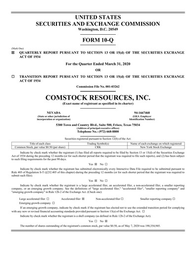 Thumbnail Comstock Resources Quarterly Report 2020-q1