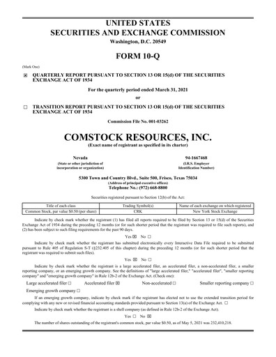 Thumbnail Comstock Resources Quarterly Report 2021-q1