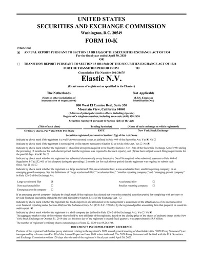 Thumbnail Elastic NV
 Annual Report fy2020
