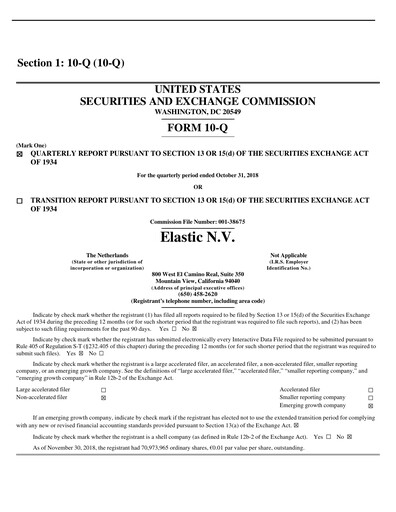Thumbnail Elastic NV
 Quarterly Report fy2019-q2