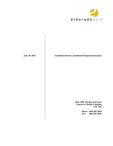 Thumbnail Eldorado Gold
 Quarterly Report 2010-q2