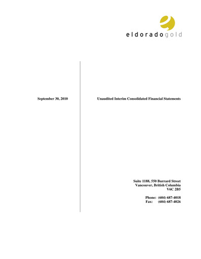 Thumbnail Eldorado Gold
 Quarterly Report 2010-q3