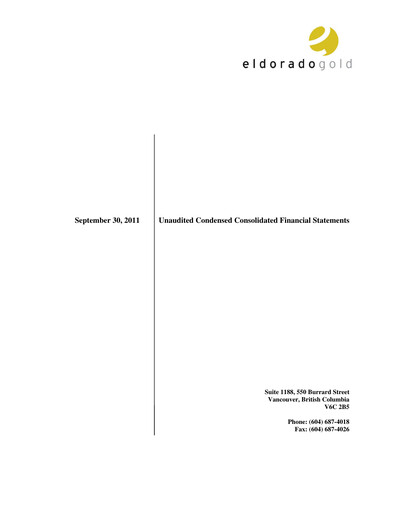 Thumbnail Eldorado Gold
 Quarterly Report 2011-q3