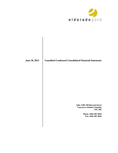 Thumbnail Eldorado Gold
 Quarterly Report 2012-q2