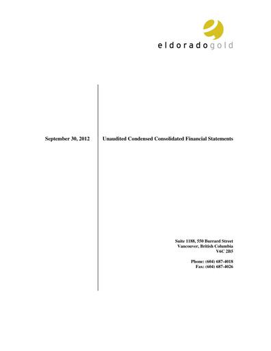 Thumbnail Eldorado Gold
 Quarterly Report 2012-q3