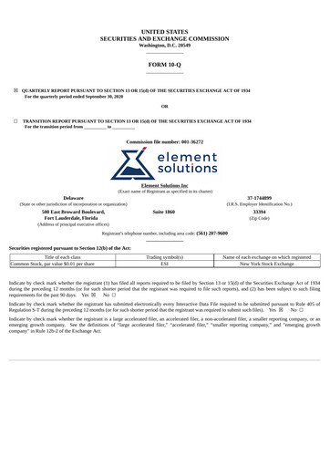 Thumbnail Element Solutions Quarterly Report 2020-q3