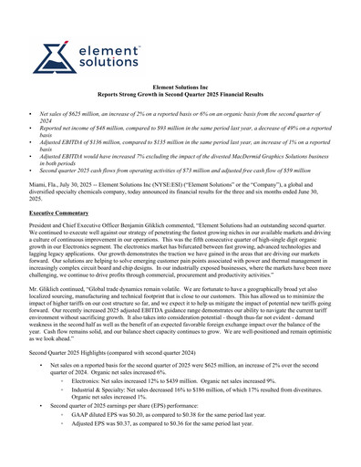 Thumbnail Element Solutions Quarterly Report 2025-q2