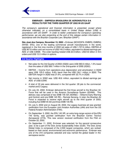 Thumbnail Embraer Quarterly Report 2002-q3