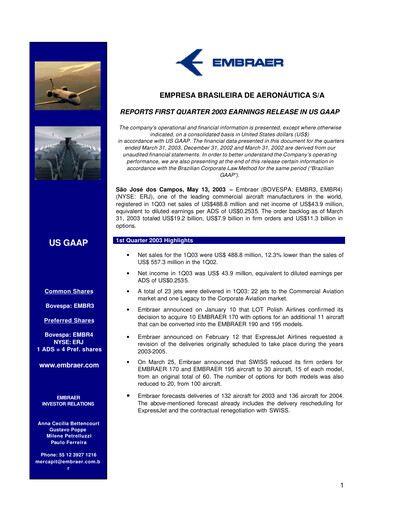 Thumbnail Embraer Quarterly Report 2003-q1