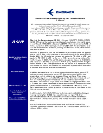 Thumbnail Embraer Quarterly Report 2003-q2