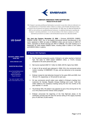 Thumbnail Embraer Quarterly Report 2004-q3