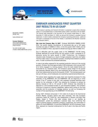 Thumbnail Embraer Quarterly Report 2007-q1