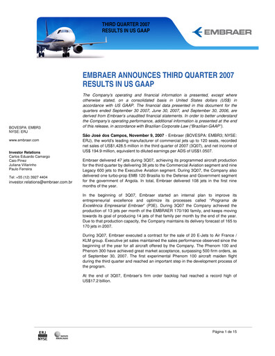 Thumbnail Embraer Quarterly Report 2007-q3